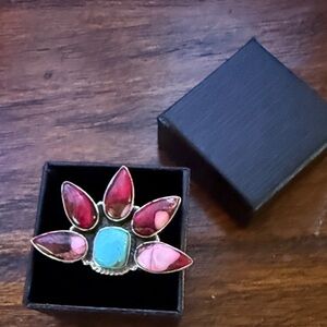 Pink Dahlia and Turquoise Statement Adjustabke Ring